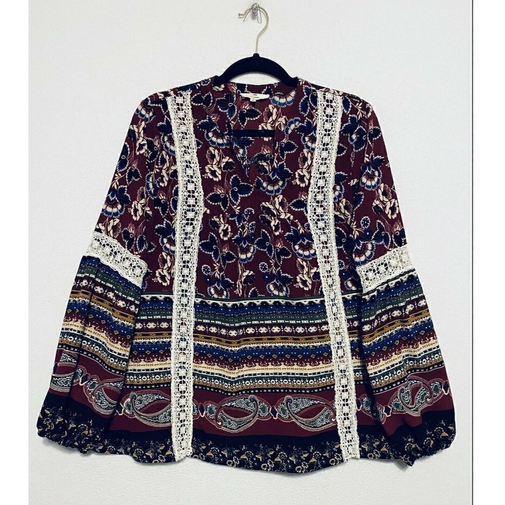 Entro Peasant Top Womens Medium Floral Lace Crochet Trim Elasticized Cuffs Boho